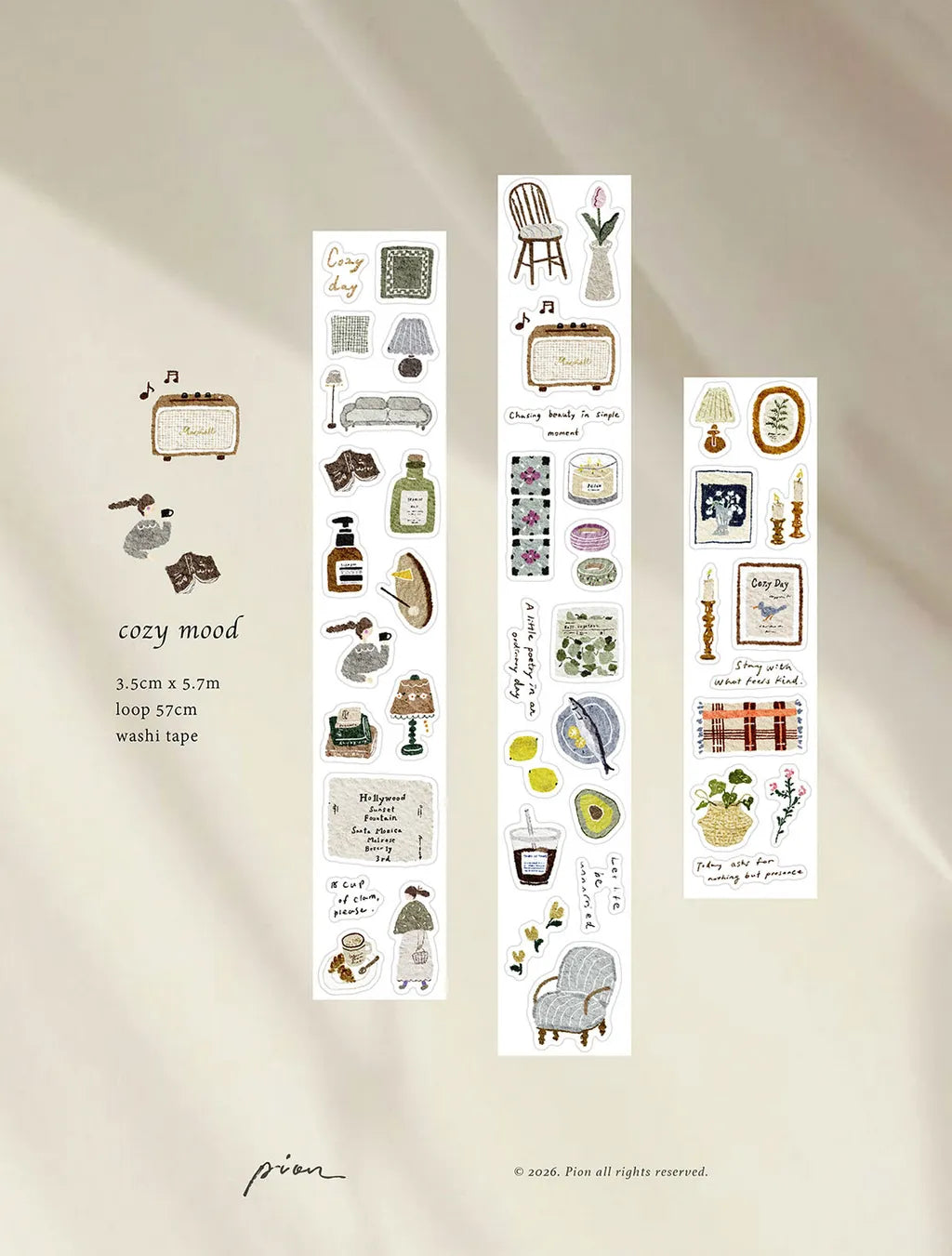 PION Kiss-Cut Washi Tape Stickers – Cozy mood (3.5 cm x 57 cm)