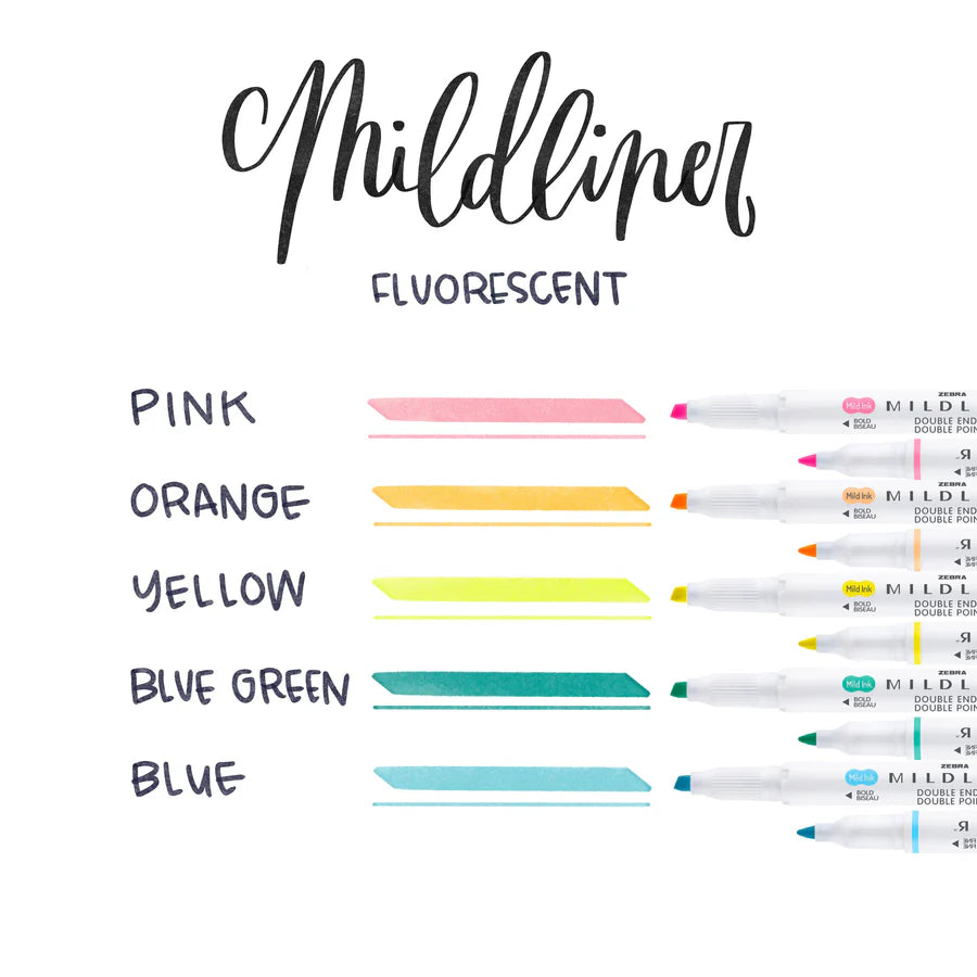 Zebra Mildliner Double-Ended Highlighter - Fluorescent Set (5 pcs)