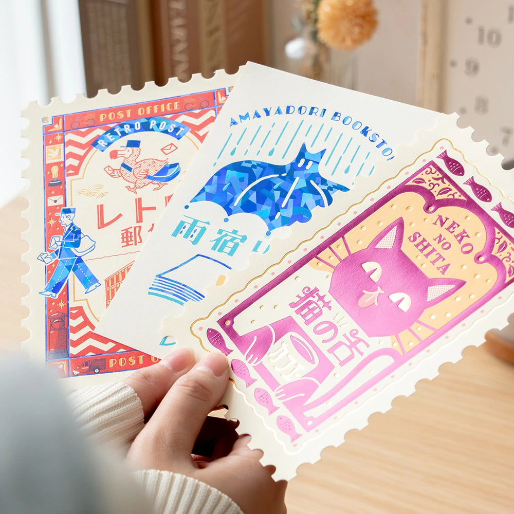 ROKKAKU x ob1toy Stamp-Shaped Foil Postcard - Retro Post Office